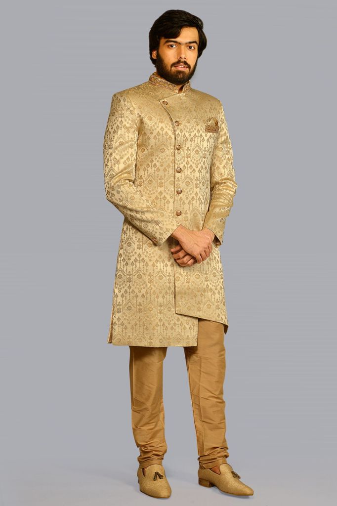 Gold Zari Woven Brocade Sherwani with Gold Pants