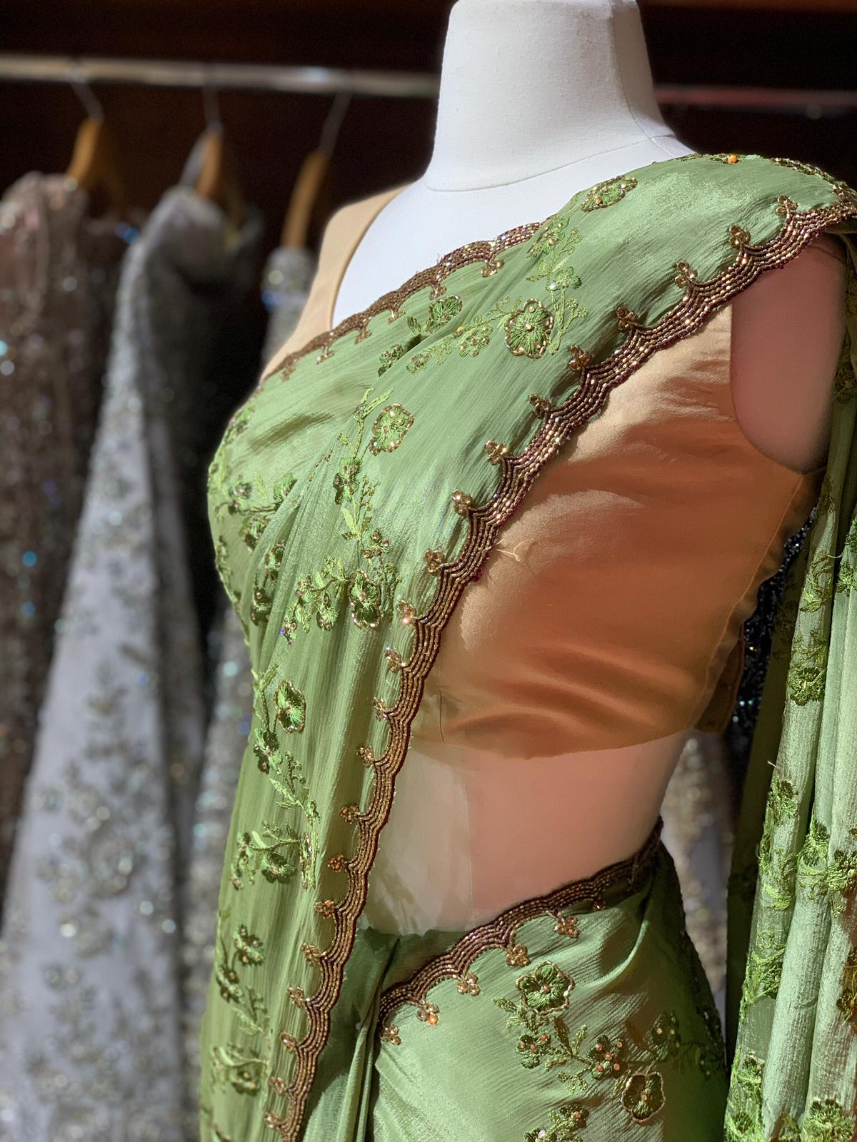 Sage Green Thread Work Saree