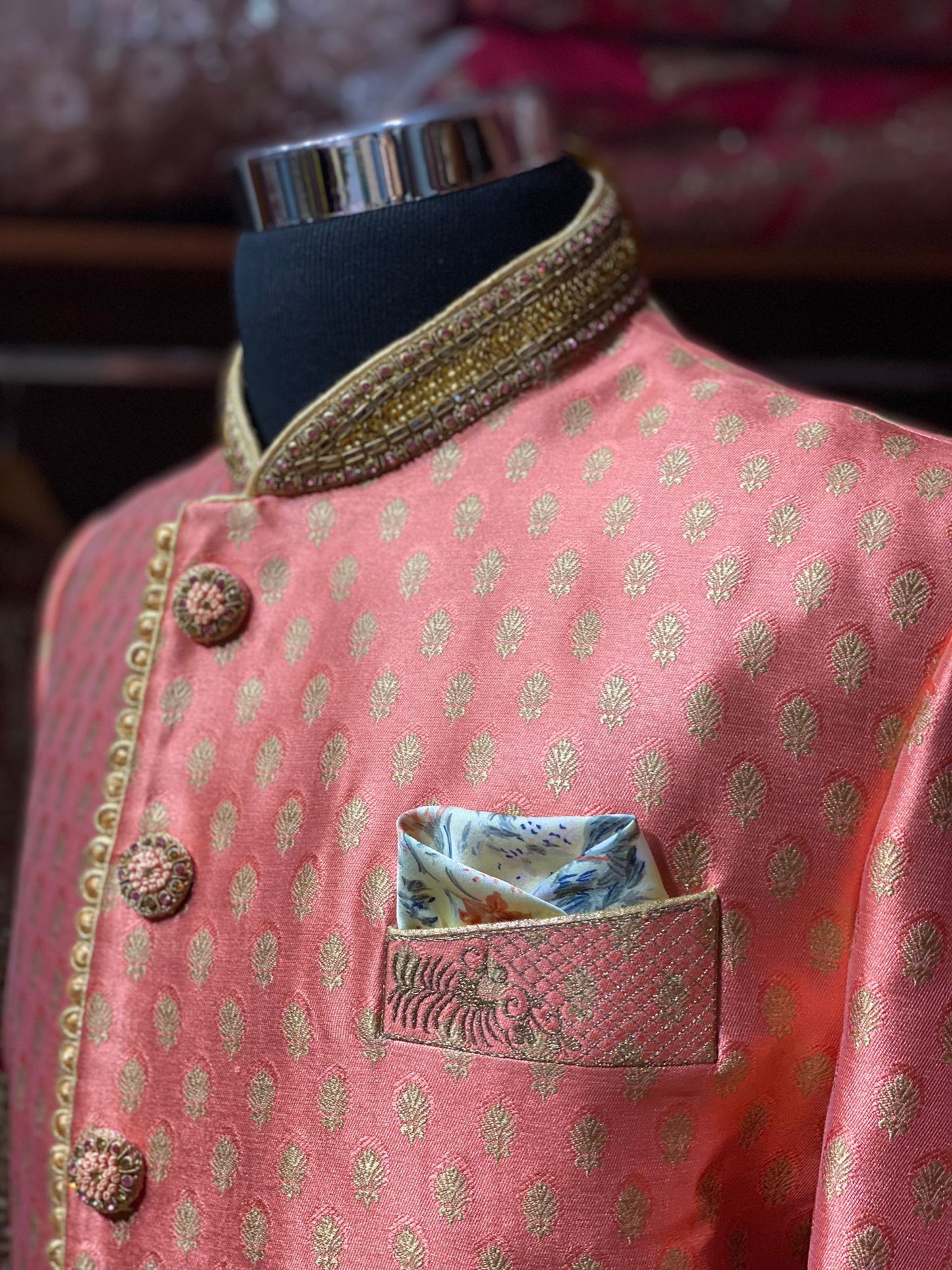 Melon Orange Brocade Sherwani