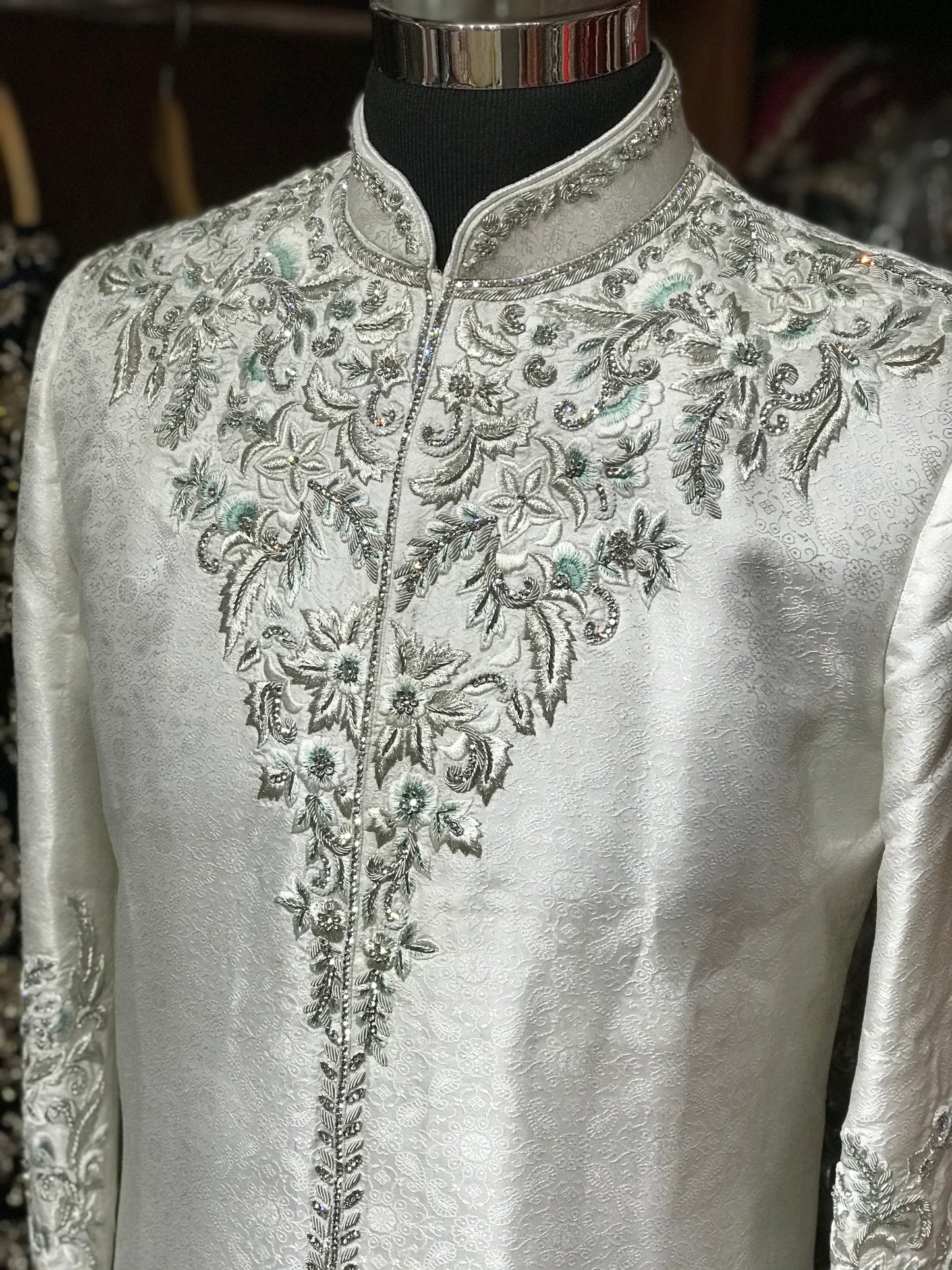 White Sherwani with Mint Accents