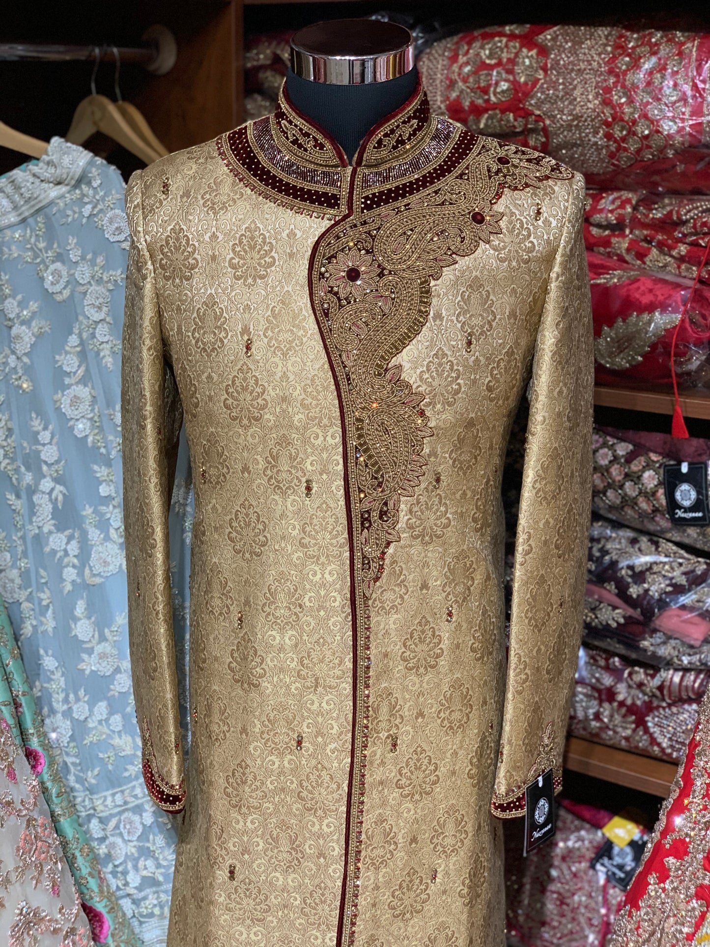 Gold Maroon Size 40 Wedding Sherwani