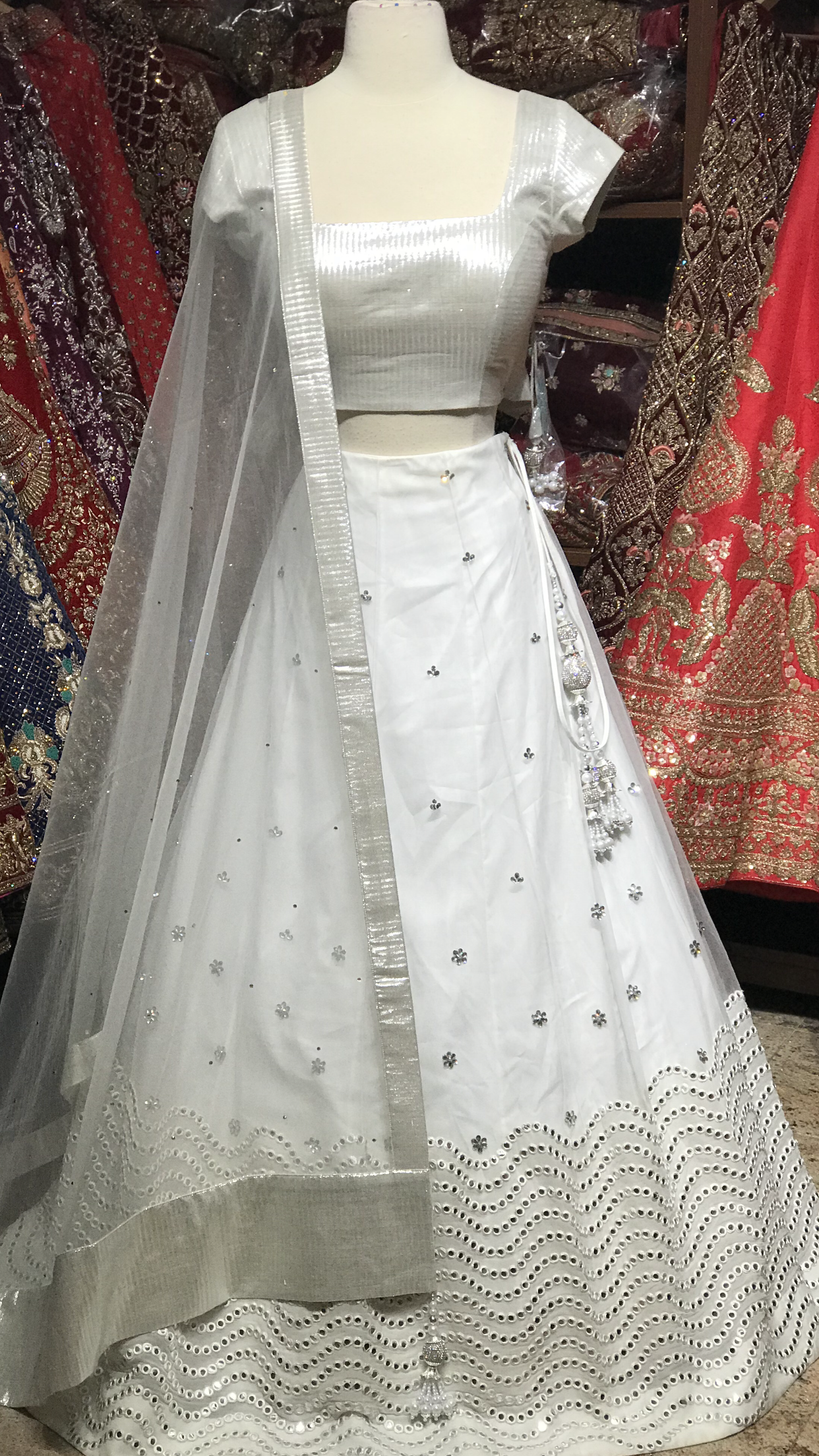 4200 Silver Drape Blouse And White Lehenga – Shama's Collection