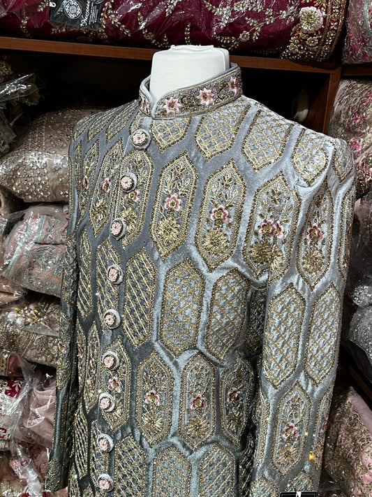 Platinum Grey Resham Embroidered Sherwani-S14-02