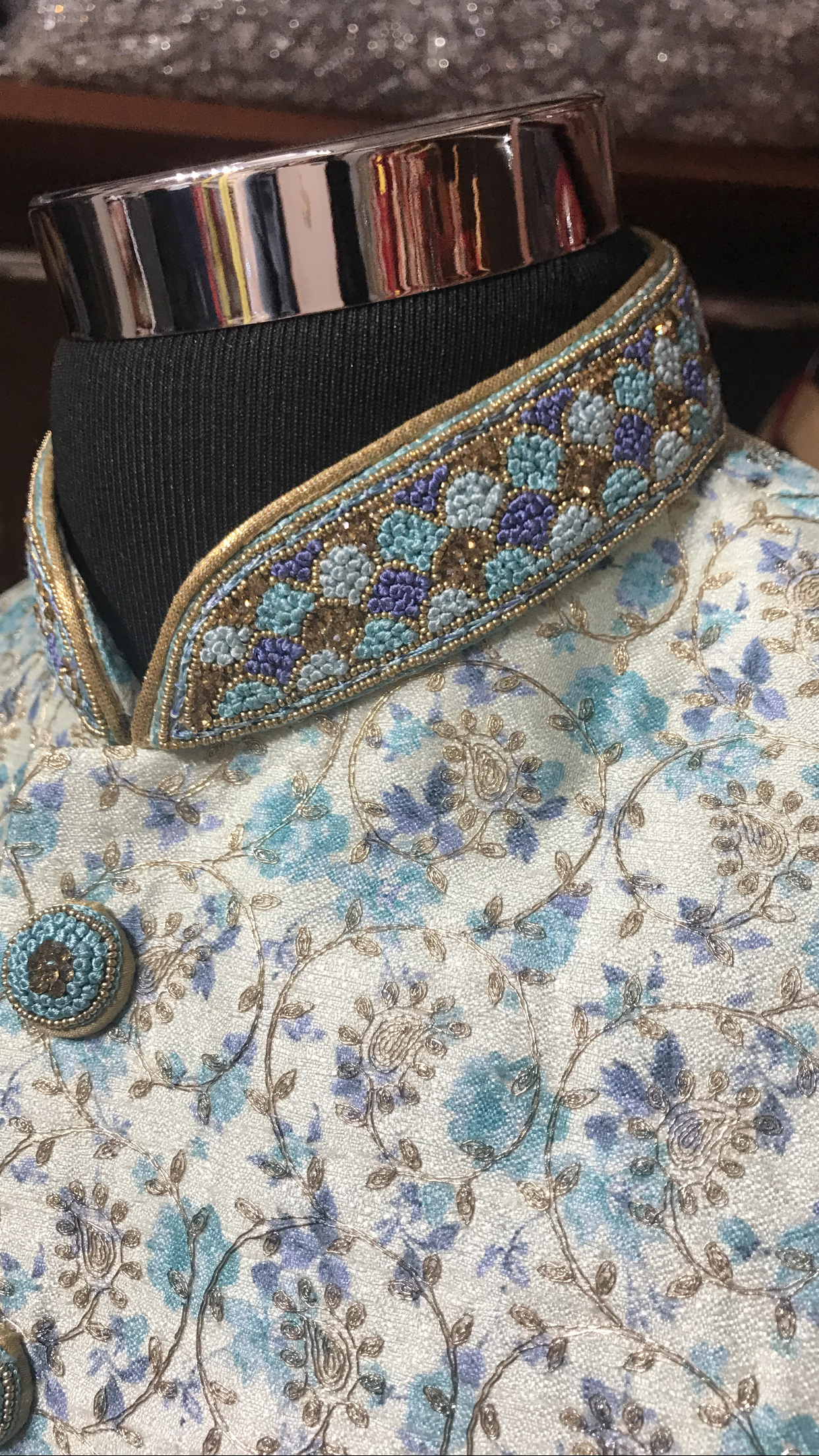 Ivory Blue Floral Print Sherwani