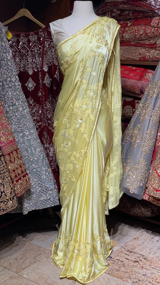 Yellow Satin Silk Saree