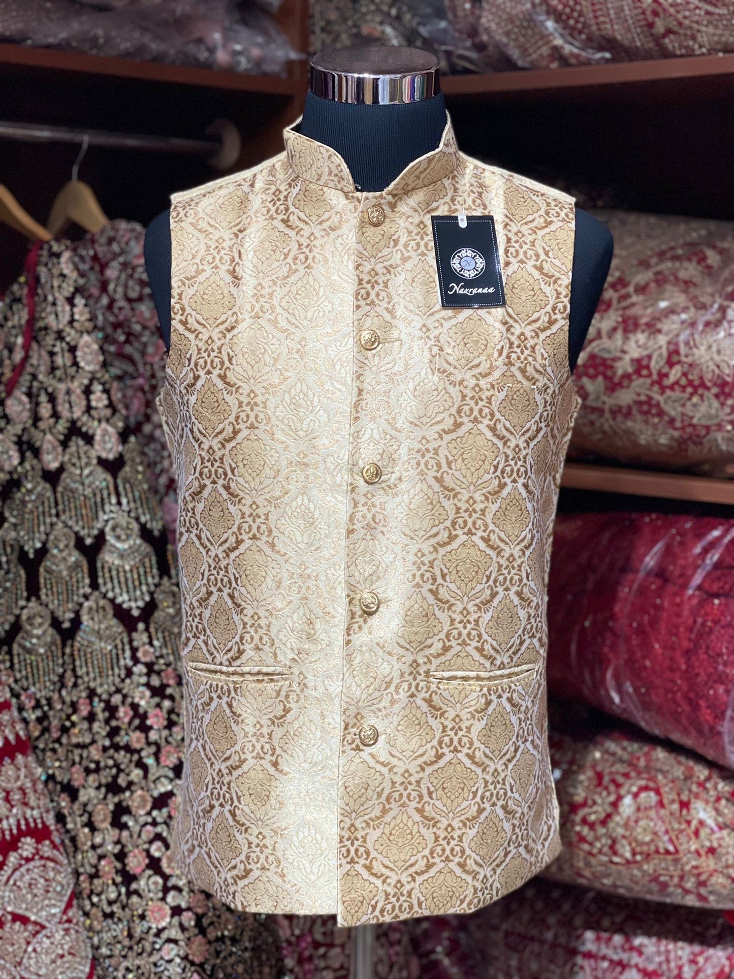 Flax Gold Brocade Men Vest-V23