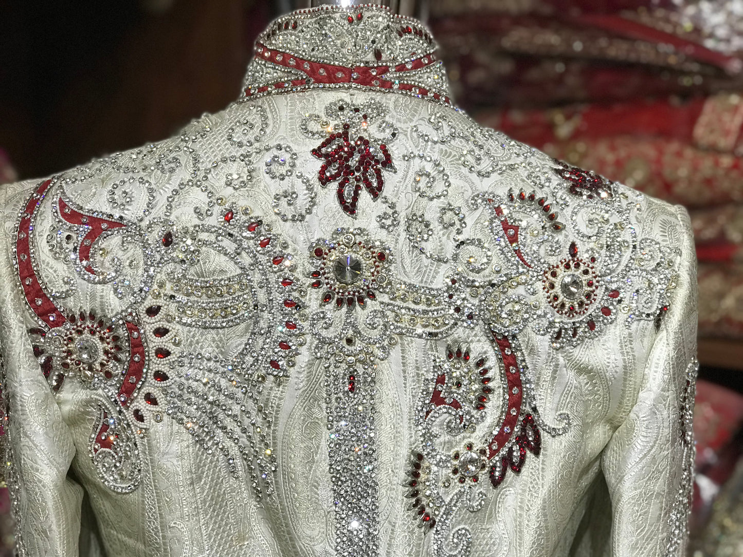 Cream Heavy Sherwani W/ Red Accents