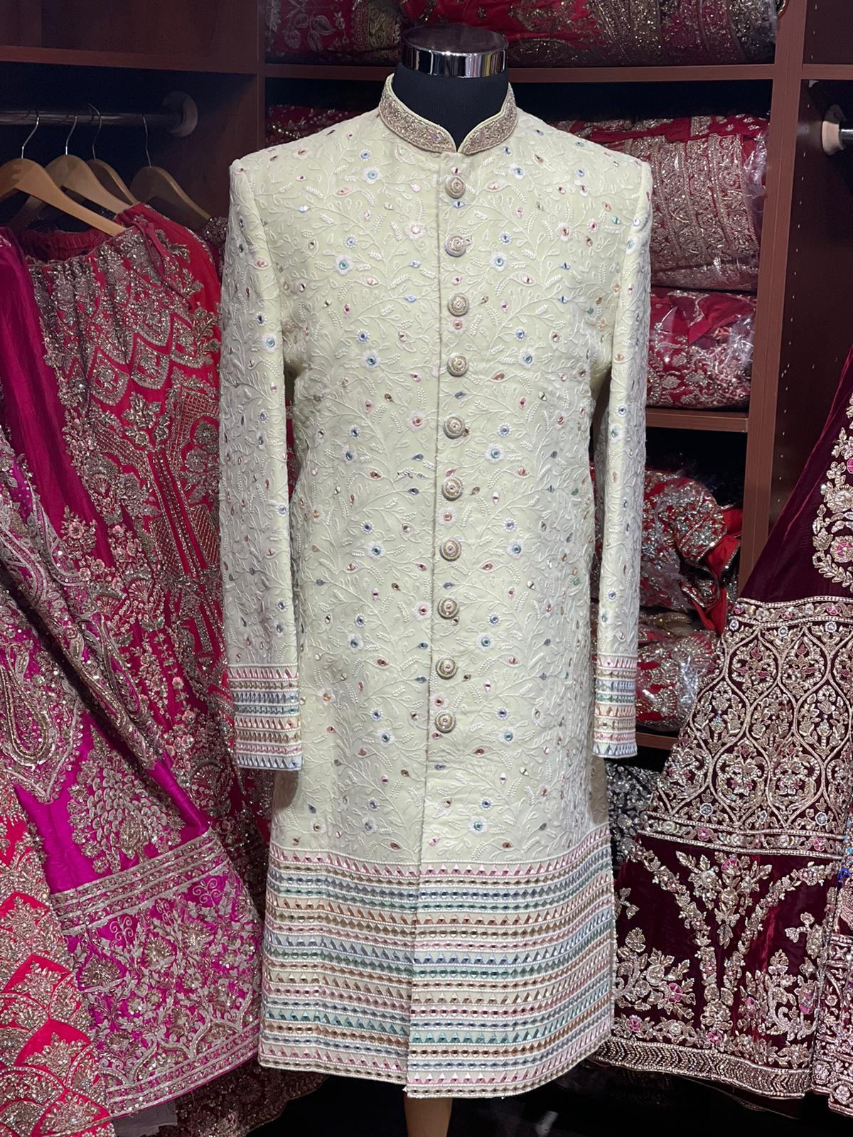 Mint Green Thread Embroidered Sherwani- 1257