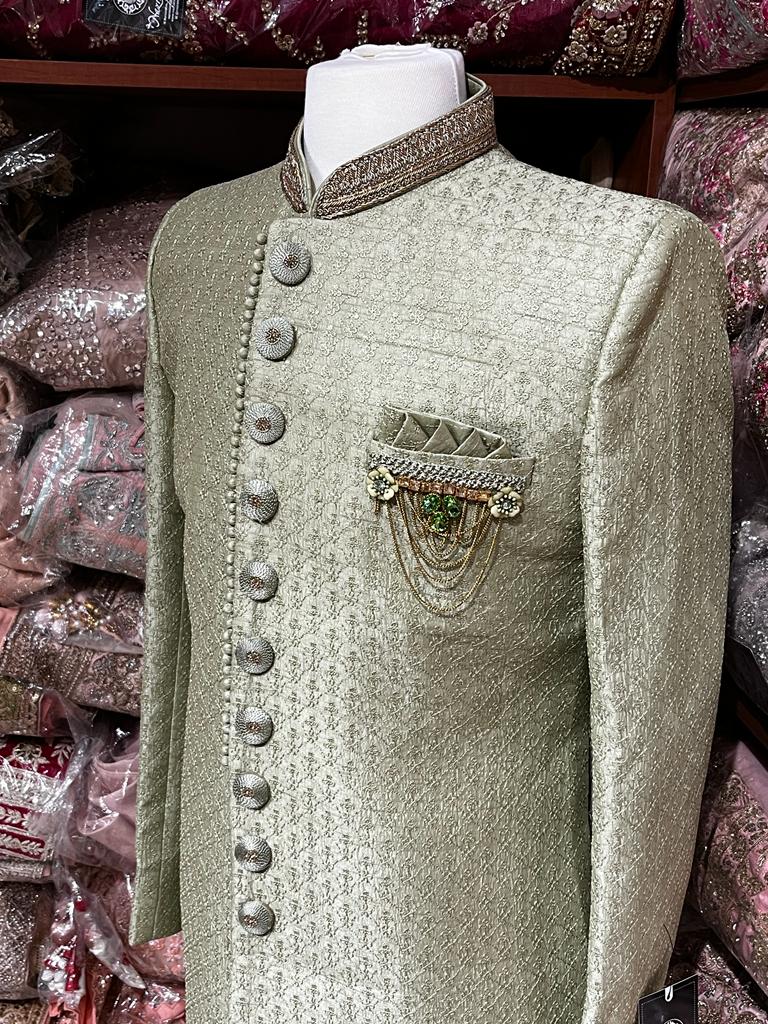 Pine Green Resham Thread Embroidered Sherwani