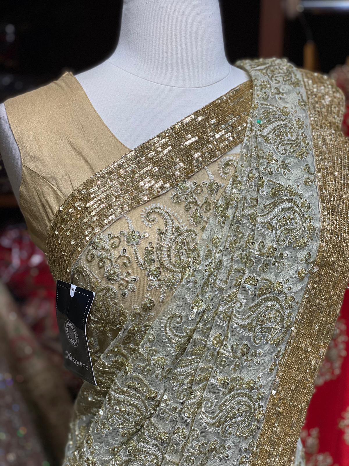 Sage Green Net Saree with Sequin and Cut Dana Embroidery
