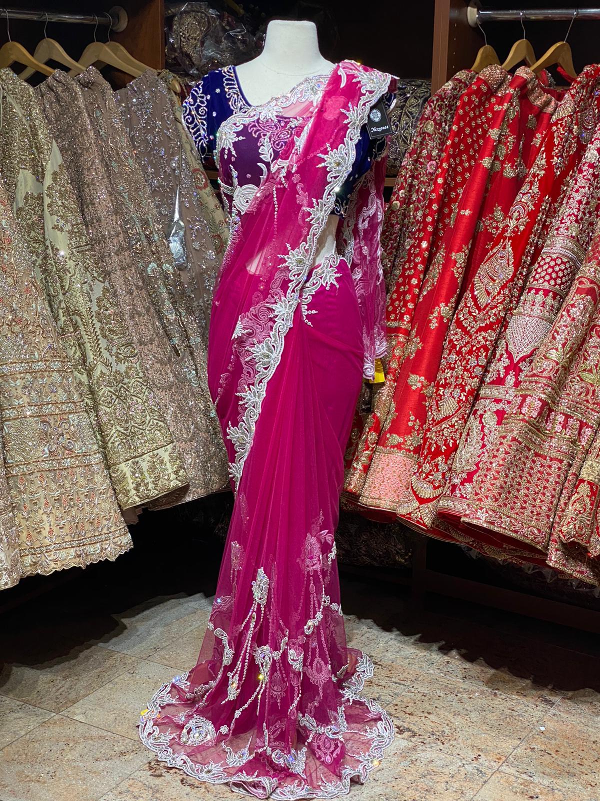 Magenta Pink Net Saree W/ Readymade Blouse PWS-006