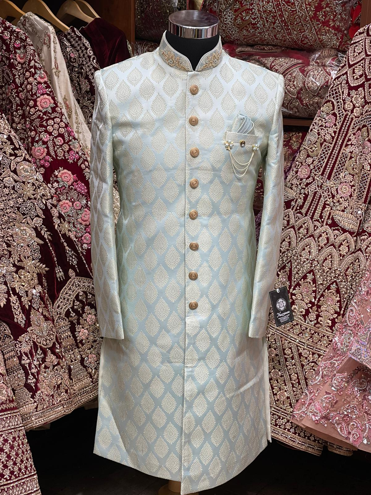 Ice Blue Thread Embroidered Sherwani- S13-S1317