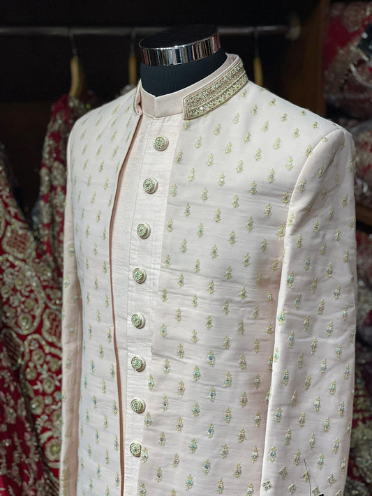 Dusky Pink Resham Thread Embroidered Sherwani- S1357