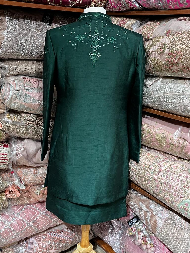 Emerald Green Mirror Embroidered Sherwani- S14-12