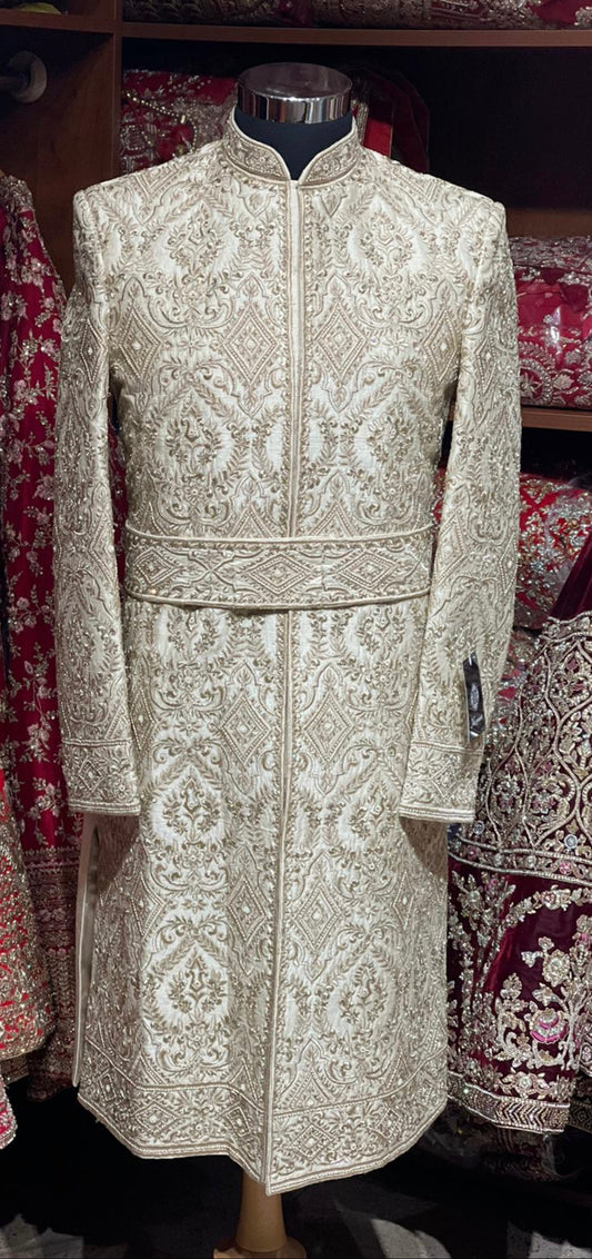 Cream Resham Embroidered Royal Sherwani- 921