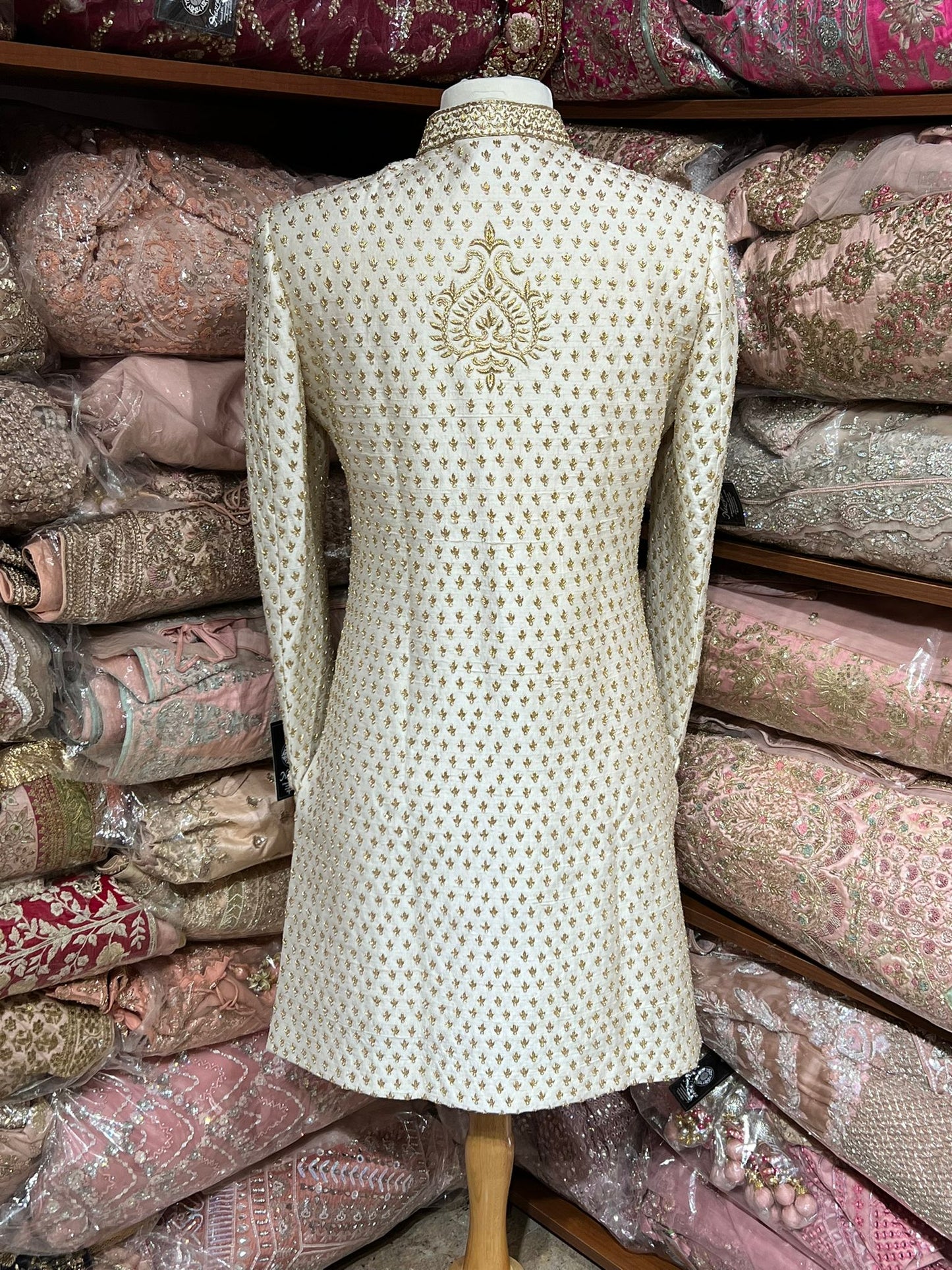 Pearl White Zari Embroidery Sherwani- M-1489