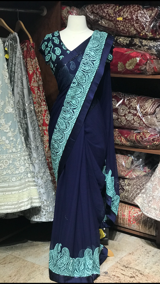 Navy Chiffon Saree W/ Readymade Blouse