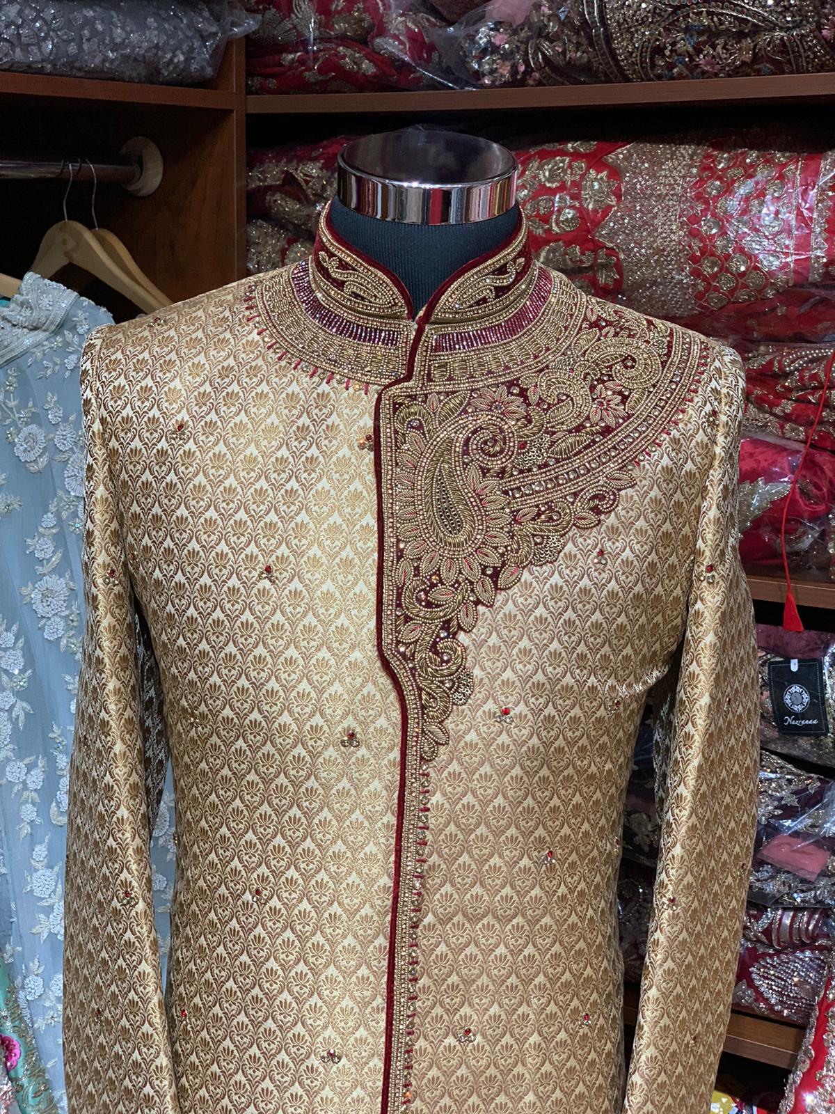 Gold Maroon Size 40 Wedding Sherwani