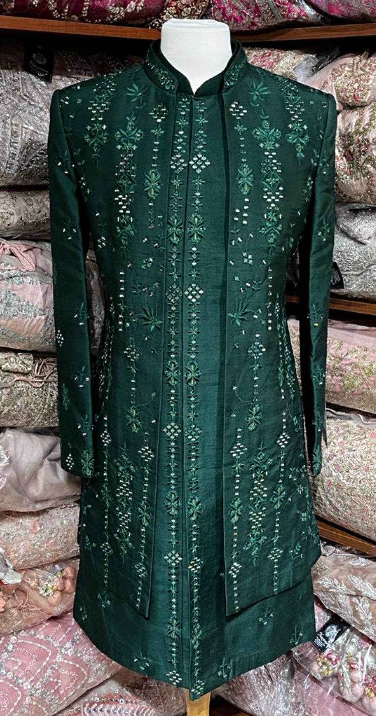 Emerald Green Mirror Embroidered Sherwani- S14-12