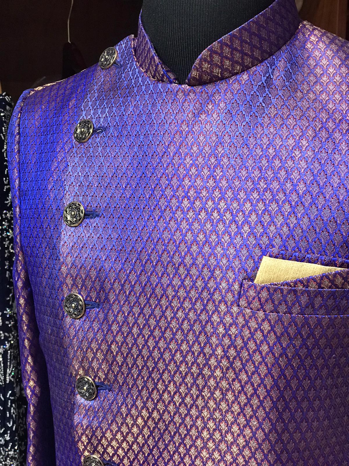 Purple Asymmetric Brocade Sherwani