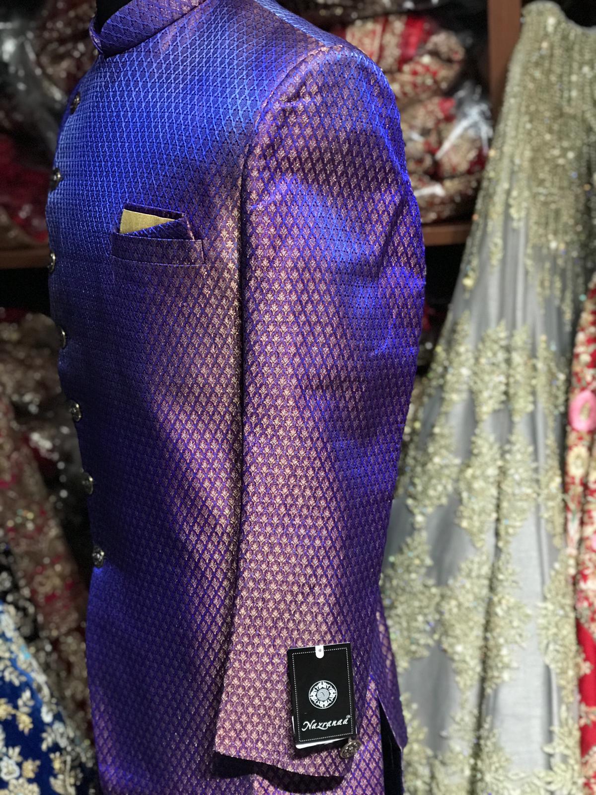 Purple Asymmetric Brocade Sherwani