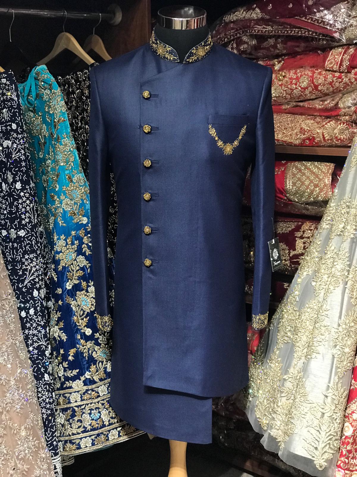 Navy Blue Asymmetric Sherwani