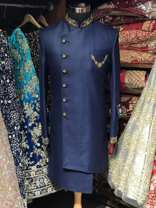 Navy Blue Asymmetric Sherwani