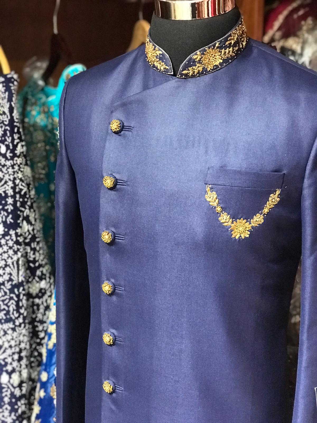 Navy Blue Asymmetric Sherwani