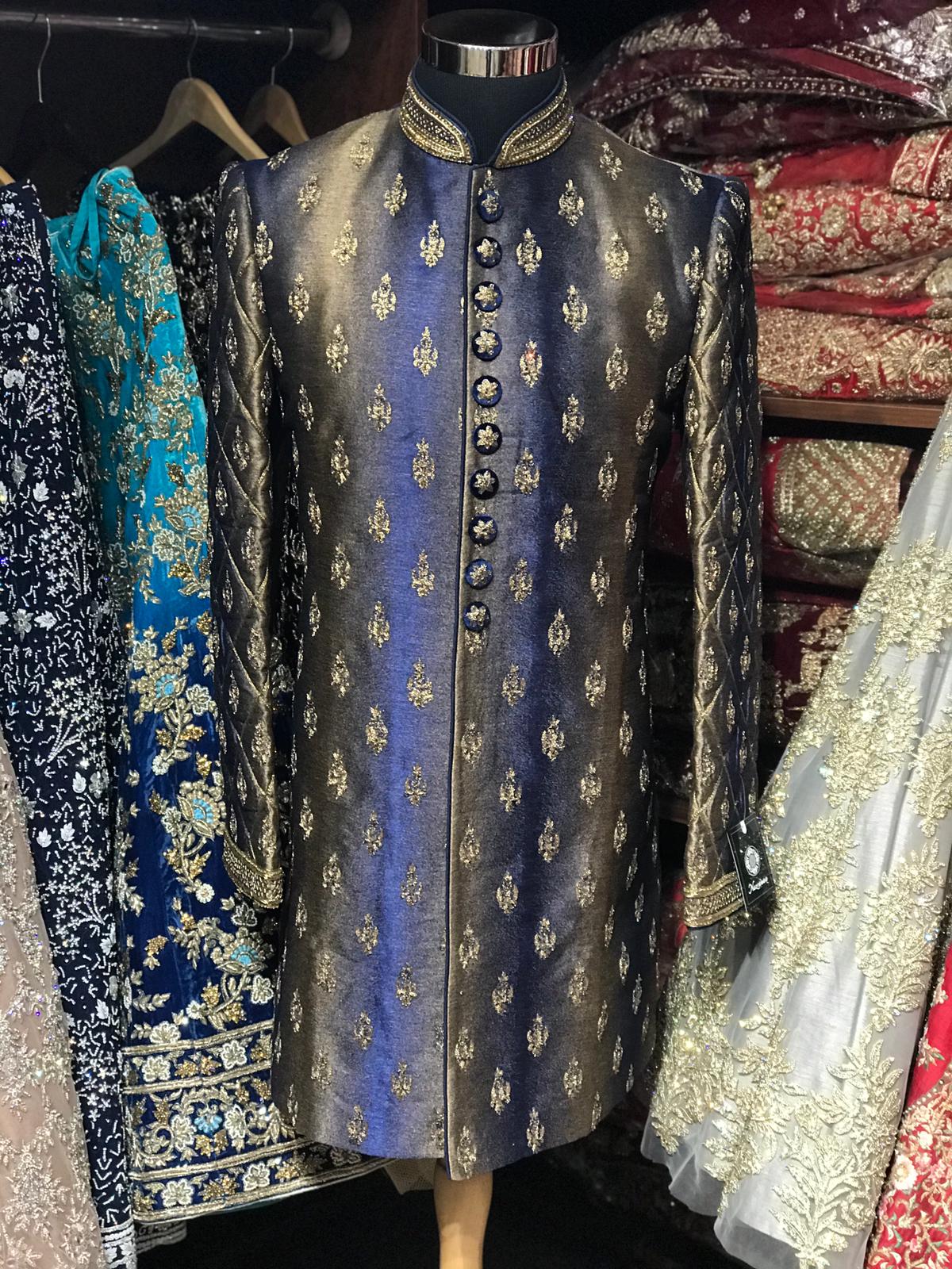 Navy Blue Butta Sherwani