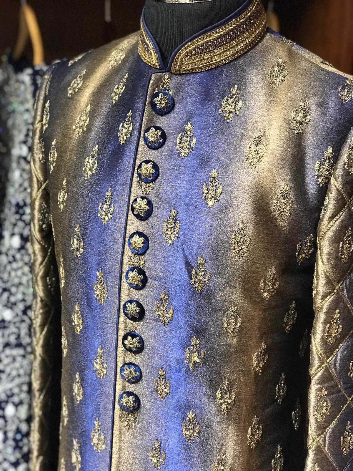 Navy Blue Butta Sherwani