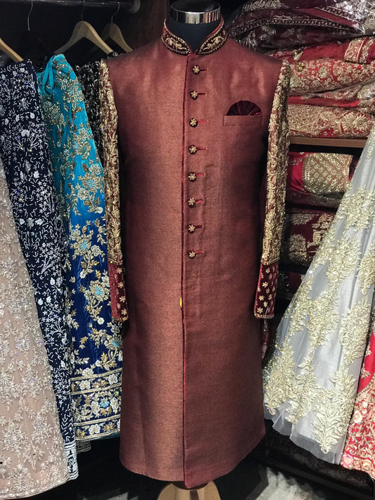 Maroon Sherwani W/Embroidered Sleeves