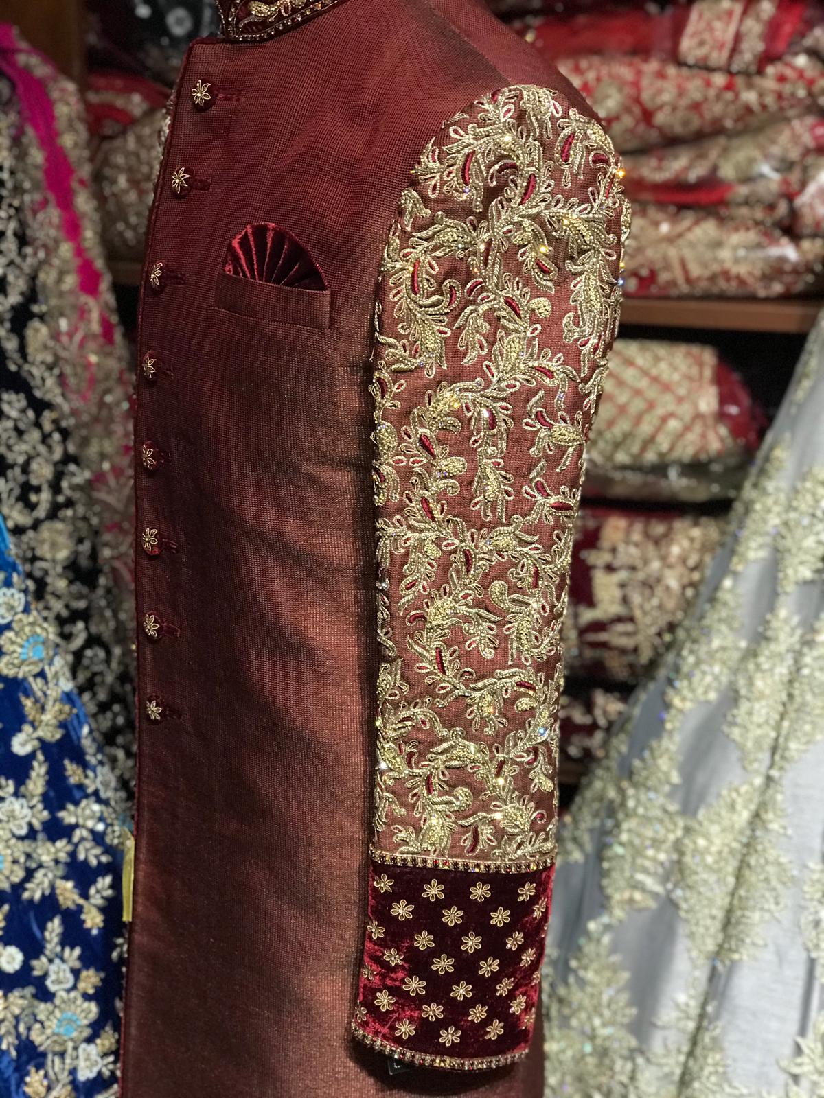 Maroon Sherwani W/Embroidered Sleeves