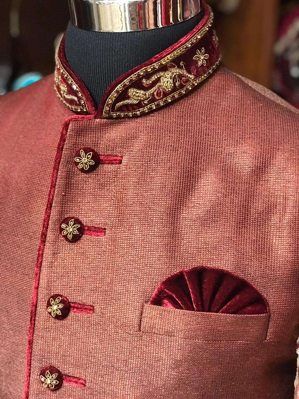 Maroon Sherwani W/Embroidered Sleeves