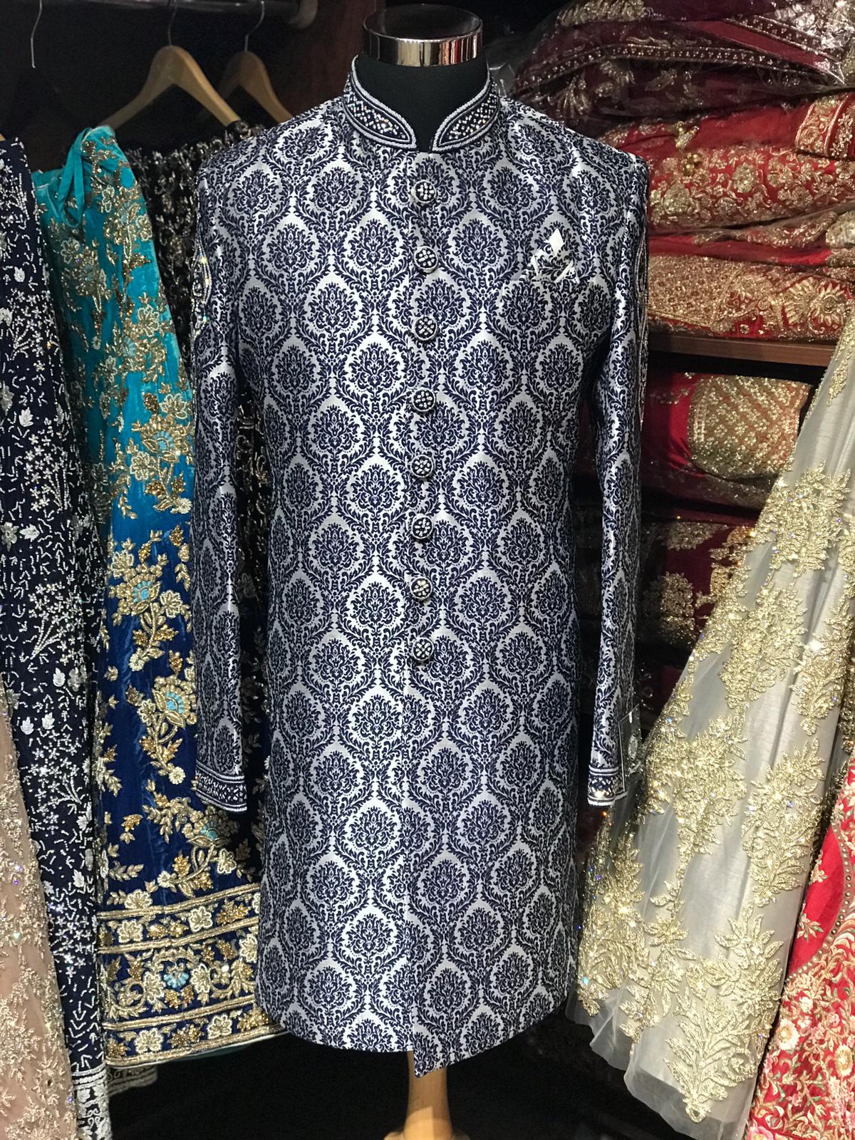 Navy Brocade Sherwani