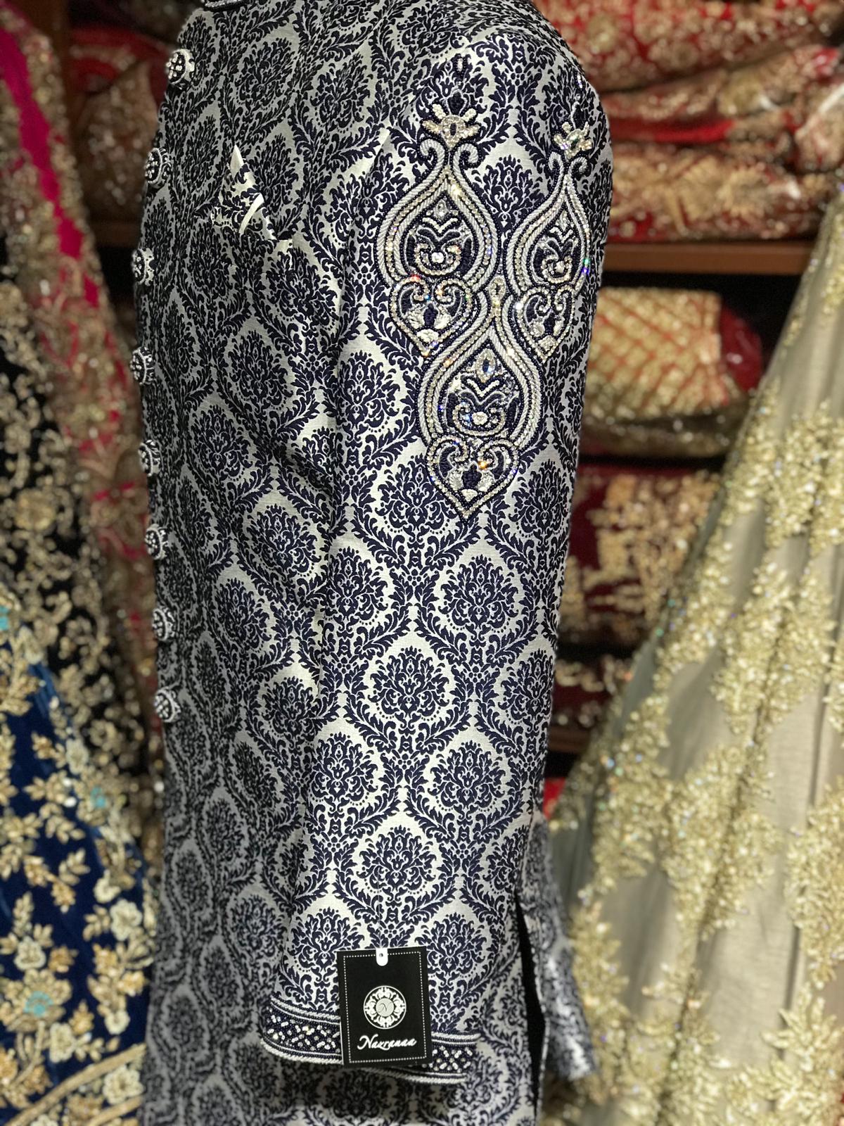 Navy Brocade Sherwani