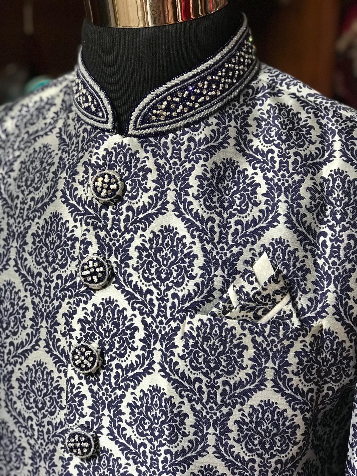 Navy Brocade Sherwani