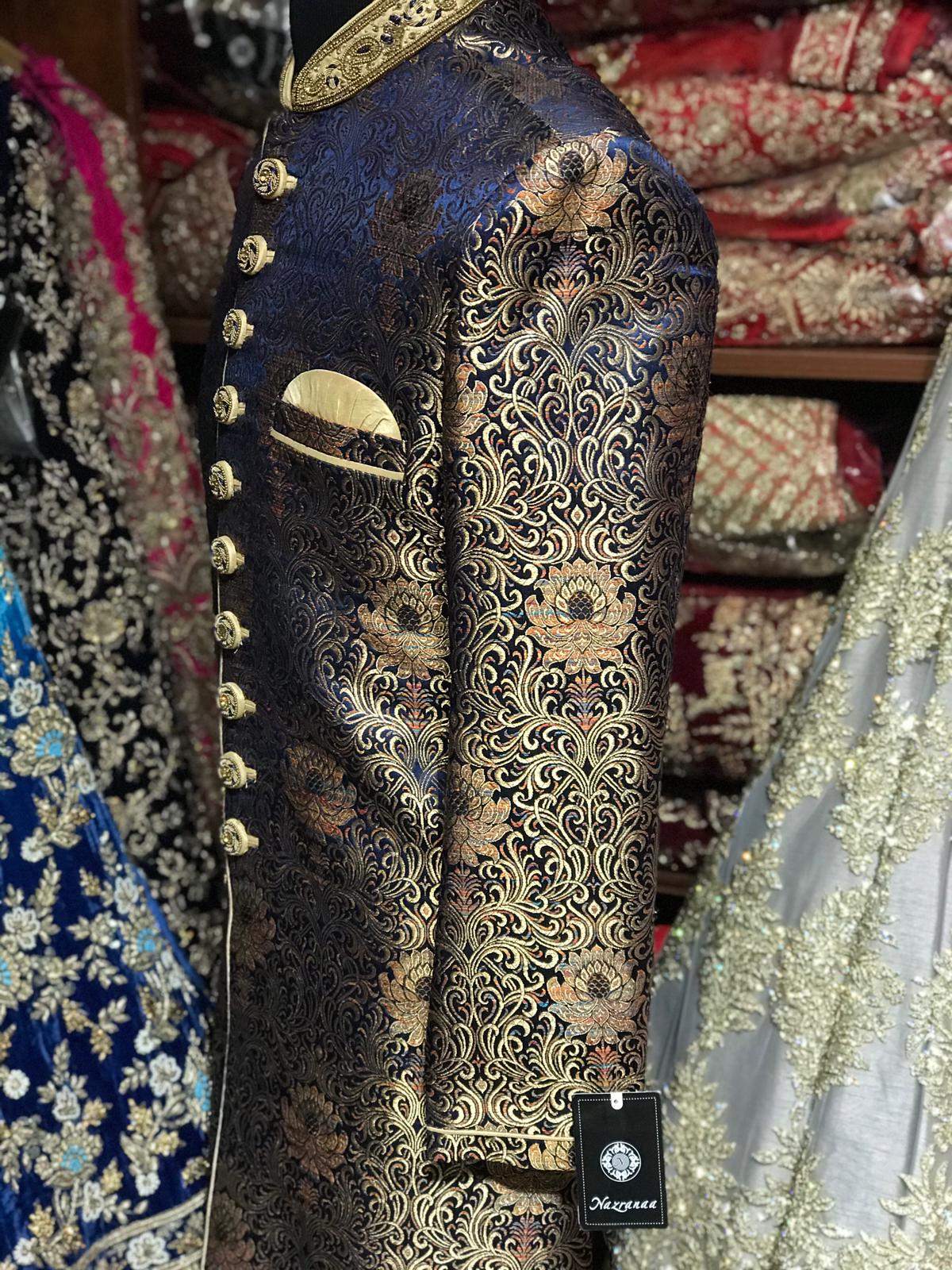 Navy Brocade Sherwani W/Gold Accents