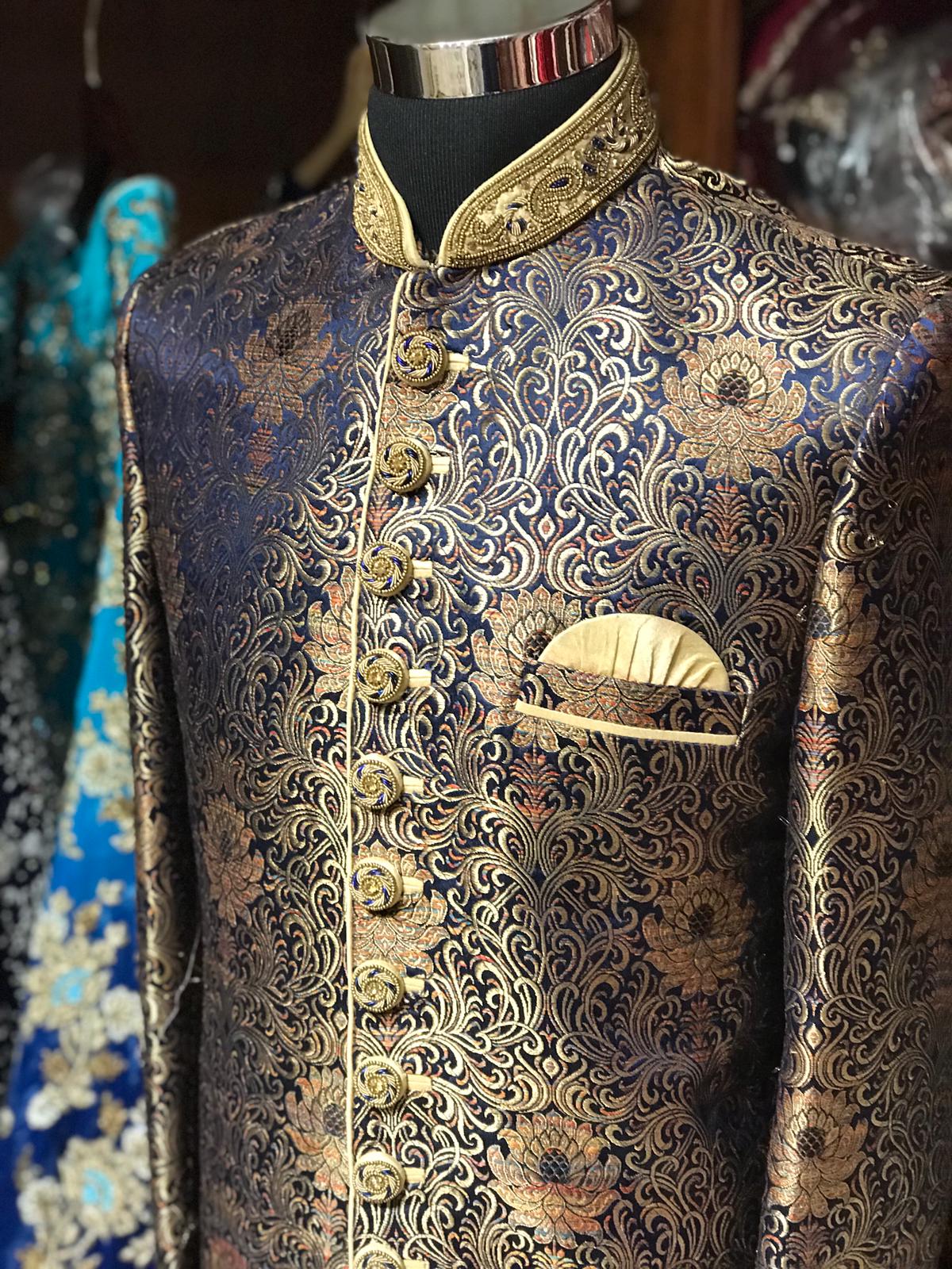 Navy Brocade Sherwani W/Gold Accents