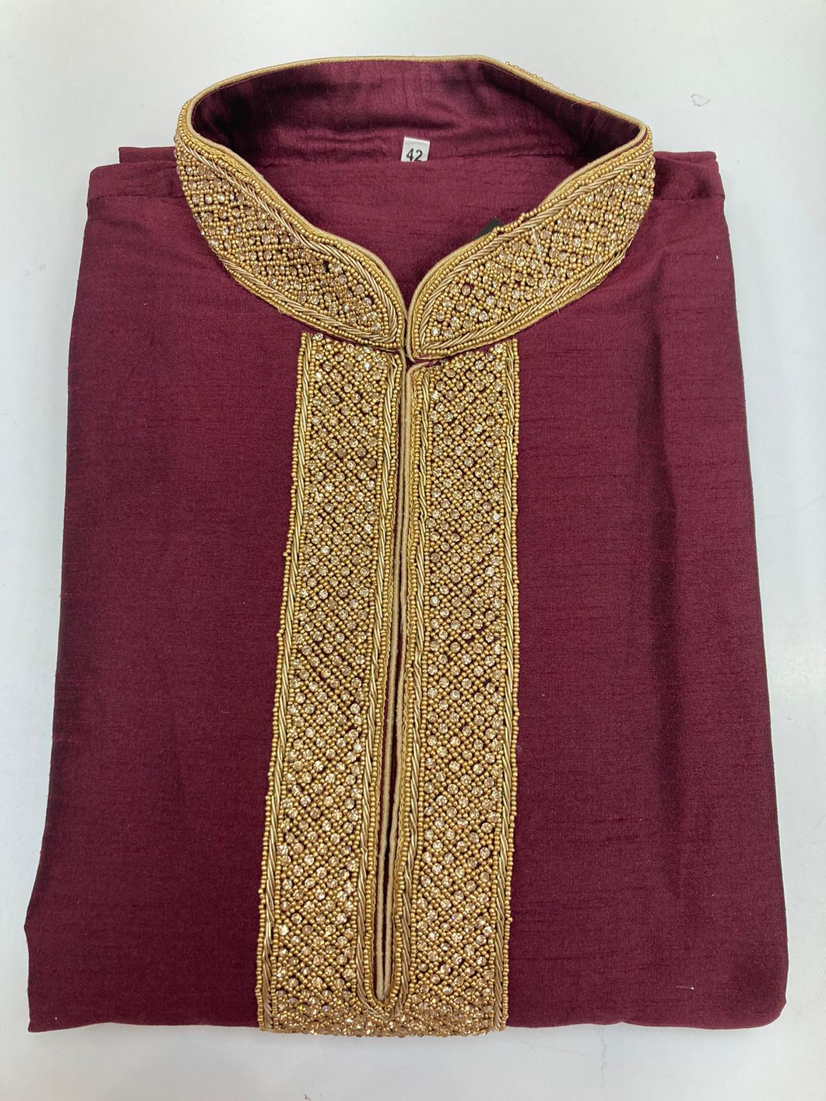 Raw Silk Kurta With Neck Embroidery KP71