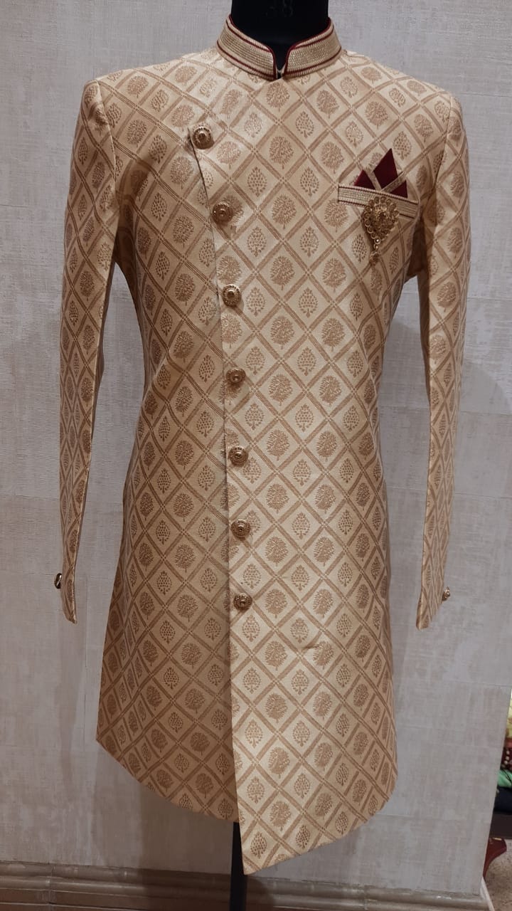 Gold Diamond Brocade Asymmetric Indo-Western with Side Buttons