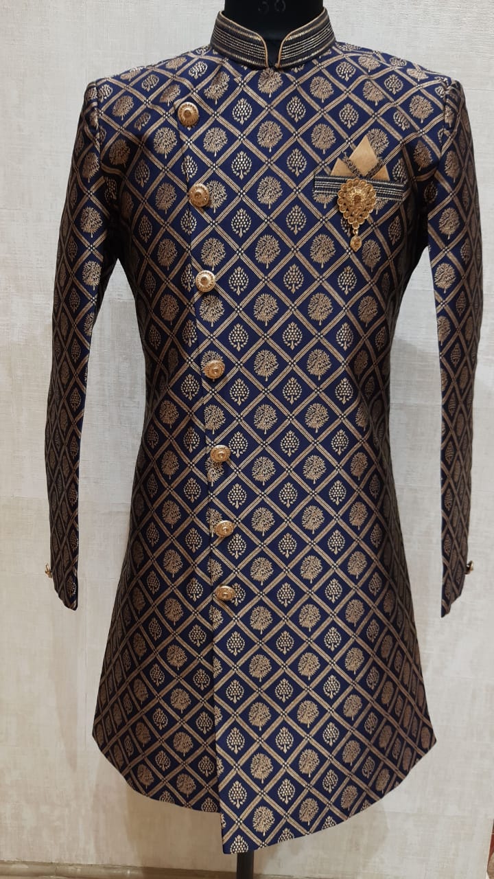 Gold Diamond Brocade Asymmetric Indo-Western with Side Buttons