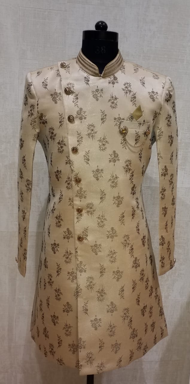 Cream Floral Brocade Asymmetric Indo-Western with Gold Pants