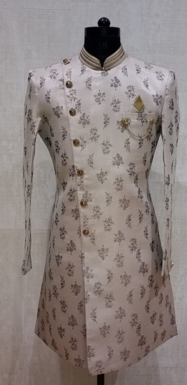 Cream Floral Brocade Asymmetric Indo-Western with Gold Pants