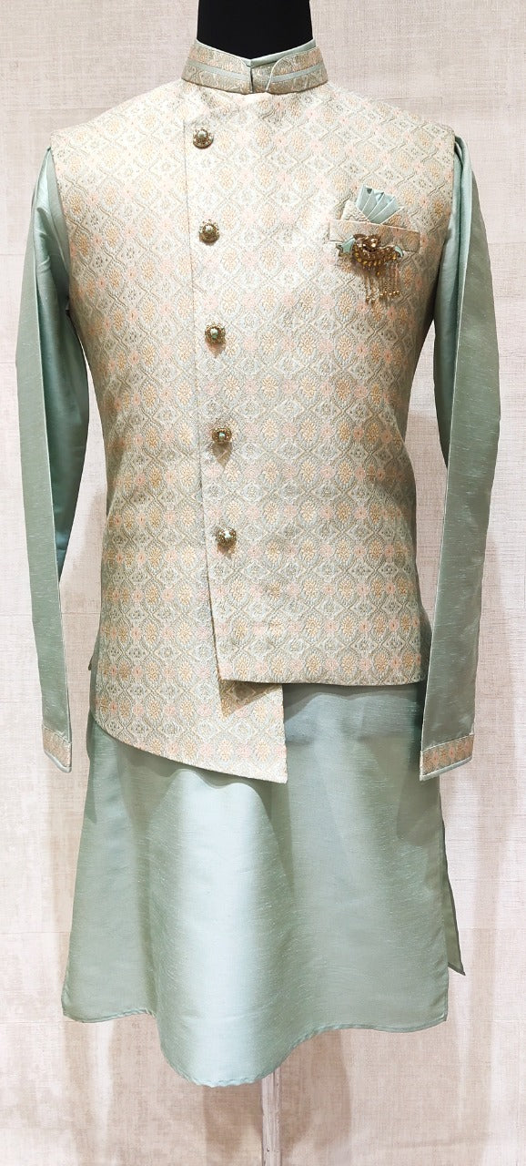 Peach Brocade Vest Kurta Set with Pistachio Green Kurta and Pants