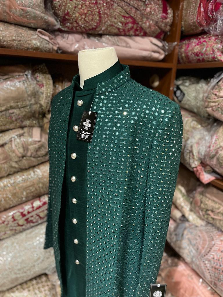 Bottle Green Open Jacket Sherwani D-014