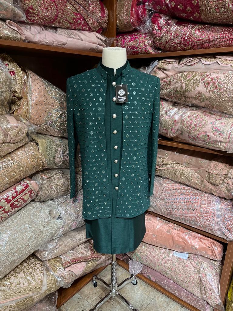 Bottle Green Open Jacket Sherwani M18-71