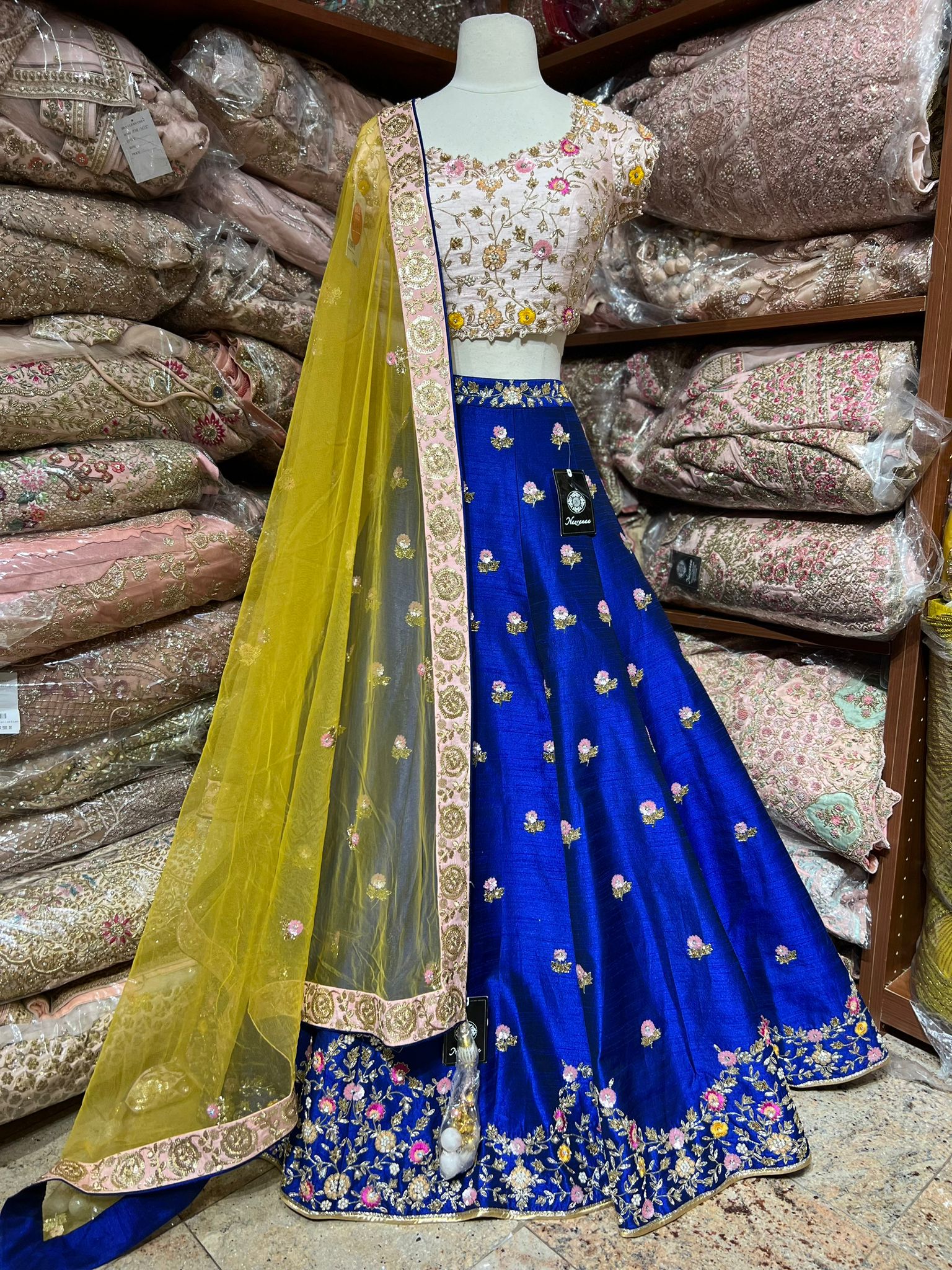 Shaded Yellow and Greyish Blue Heavy Bridal Lehenga Choli – nirshaa