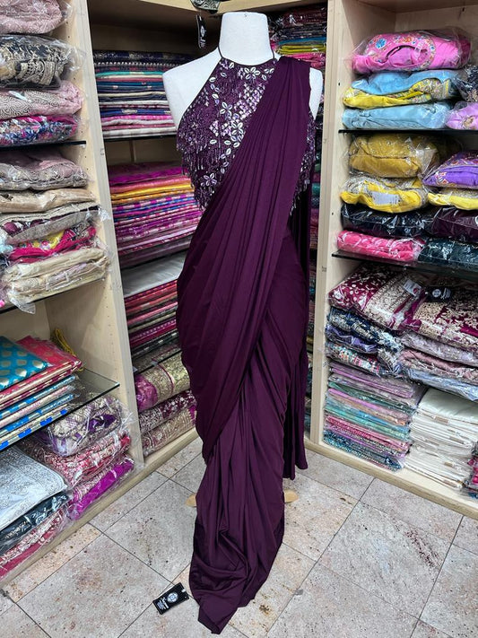 Wine Pre-Stitched Saree W/ Readymade Blouse PSS-45