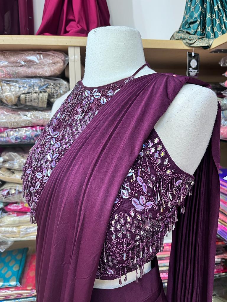 Wine Pre-Stitched Saree W/ Readymade Blouse PSS-45