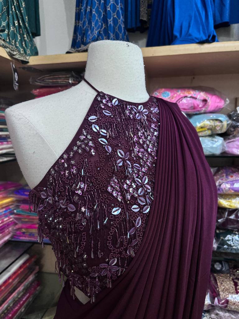 Wine Pre-Stitched Saree W/ Readymade Blouse PSS-45